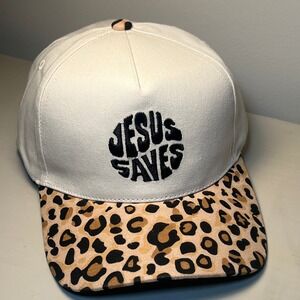 Jesus Saves Embroidered Hat Cream Crown Leopard Print Brim